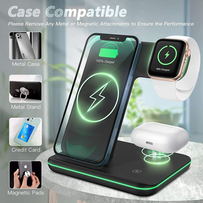 3 in 1 Kabelloses Ladegerät, Wireless Charger Induktive Ladestation mit QC Adapter