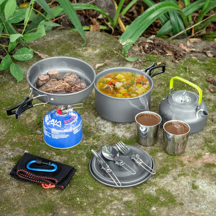 Camping Kochgeschirr Set 11-teiliges Outdoor Kochgeschirr mit Mini Gaskocher Tragbar Aluminium Topf 0.8L Teekessel 2 Tassen Faltbare Besteck Camping