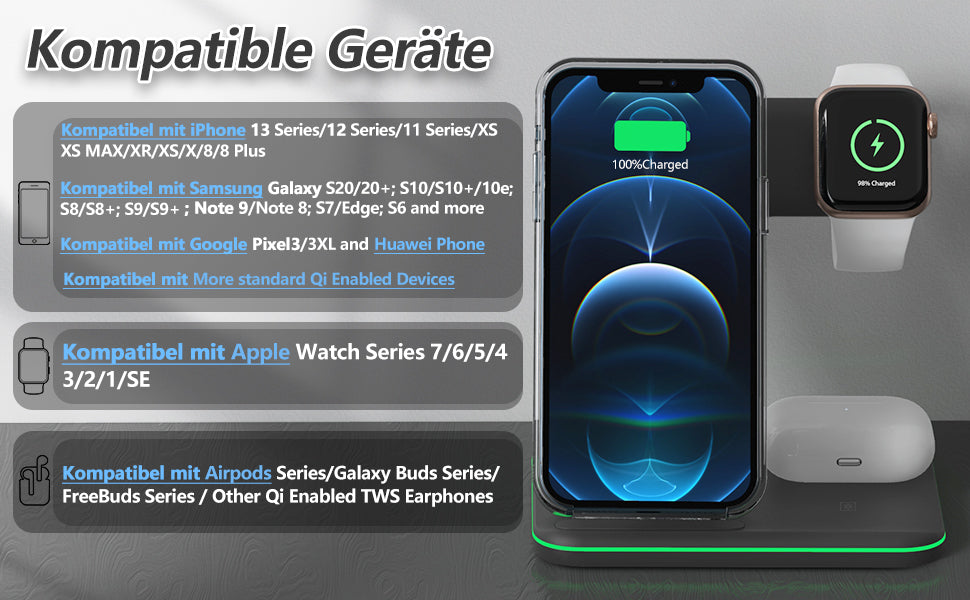 3 in 1 Kabelloses Ladegerät, Wireless Charger Induktive Ladestation mit QC Adapter