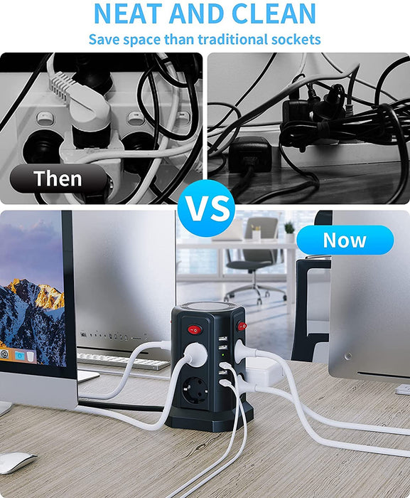 8 Fach Steckdosenleiste mit 3M Kabel, Mehrfachsteckdose mit 5 USB 12W, Steckdosenturm mit 4 Schalter, Steckdosenleiste überspannungsschutz