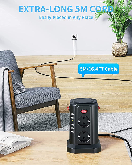 8 Fach Steckdosenleiste mit 3M Kabel, Mehrfachsteckdose mit 5 USB 12W, Steckdosenturm mit 4 Schalter, Steckdosenleiste überspannungsschutz