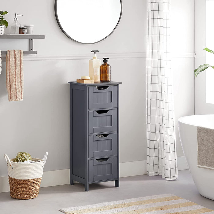 Badezimmerschrank, schmaler Badschrank aus Holz mit 4 Schubladen, 30 x 30 x 82 cm, Wohnzimmer, Schlafzimmer, Flur, tief, freistehend, Grau