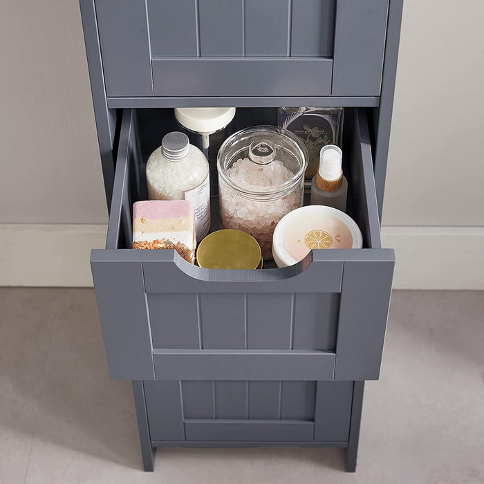 Badezimmerschrank, schmaler Badschrank aus Holz mit 4 Schubladen, 30 x 30 x 82 cm, Wohnzimmer, Schlafzimmer, Flur, tief, freistehend, Grau