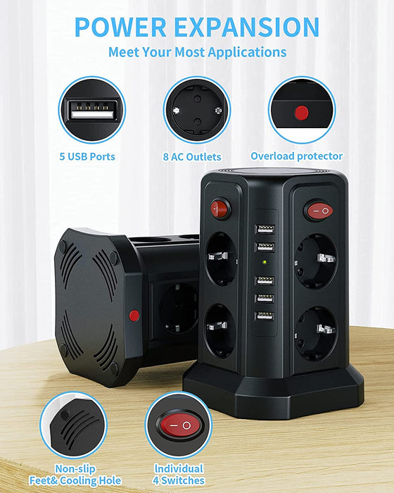 8 Fach Steckdosenleiste mit 3M Kabel, Mehrfachsteckdose mit 5 USB 12W, Steckdosenturm mit 4 Schalter, Steckdosenleiste überspannungsschutz