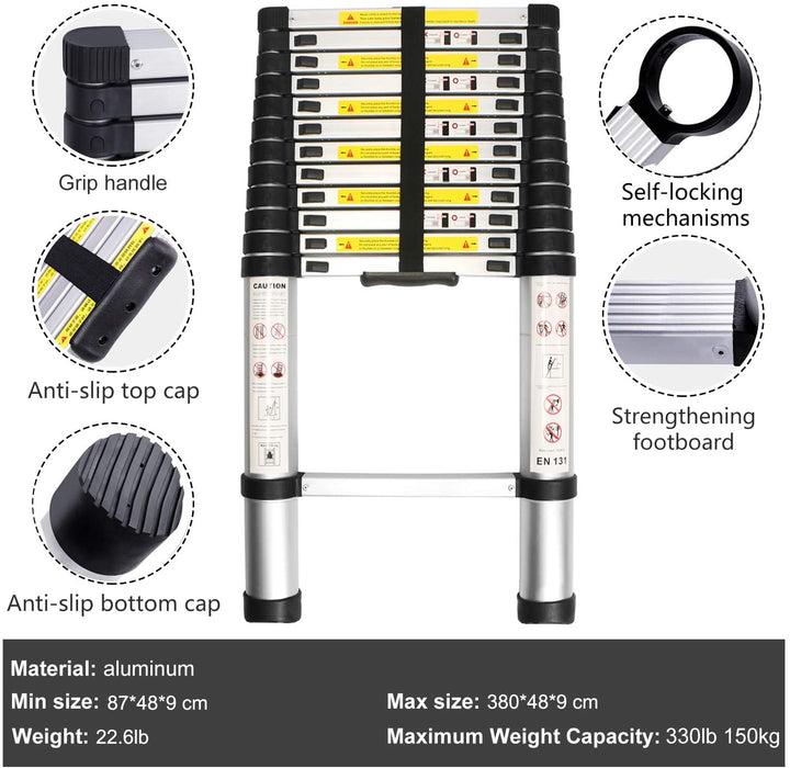 3,8M Teleskopleiter, Rutschfester Klappleiter Stehleiter Mehrzweckleiter aus hochwertiges Aluminium, 150 kg/330 Pfund Belastbarkeit, Schwarz